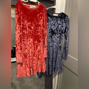 Two velvet dresses, the red one youth large, the blue one youth X-large